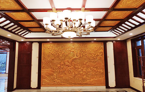 武平中式别墅客厅中式木作横梁吊顶装饰展示